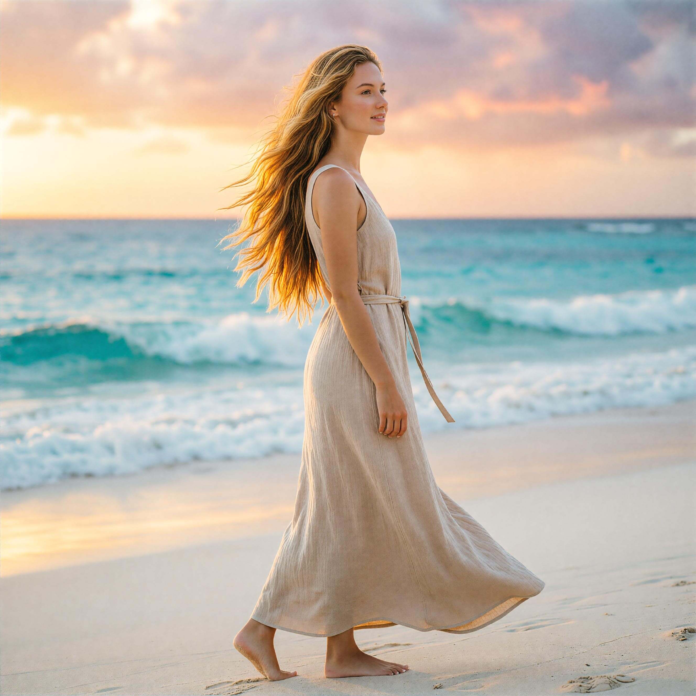 AI换发型示例:海边漫步